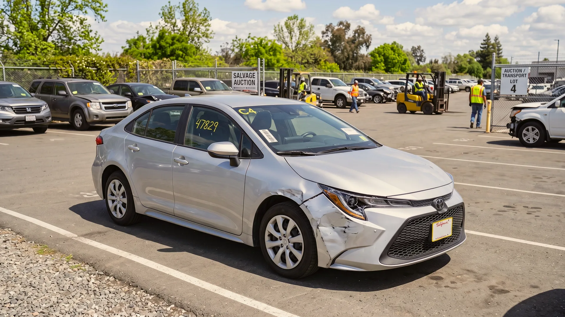 Damaged vehicle at a salvage auction awaiting transport