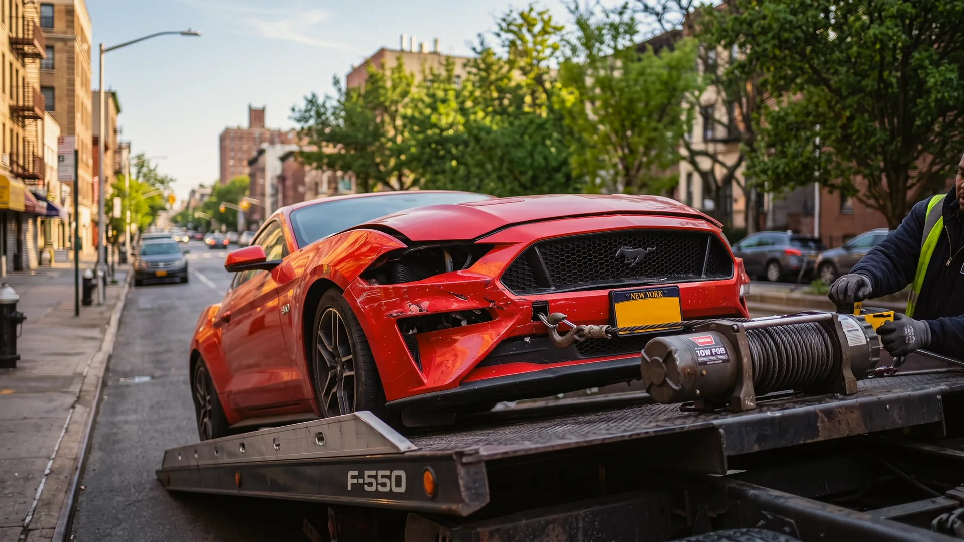 Damaged car being loaded with a winch for transport