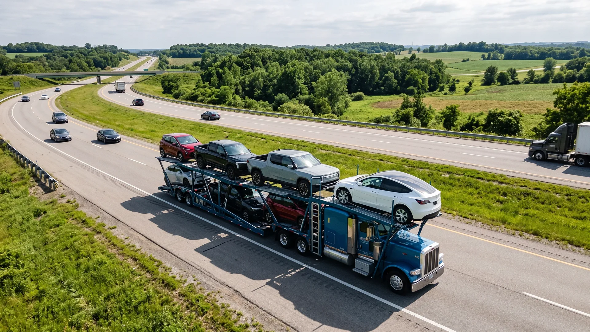 photo of car carrier transporting vehicles on highway