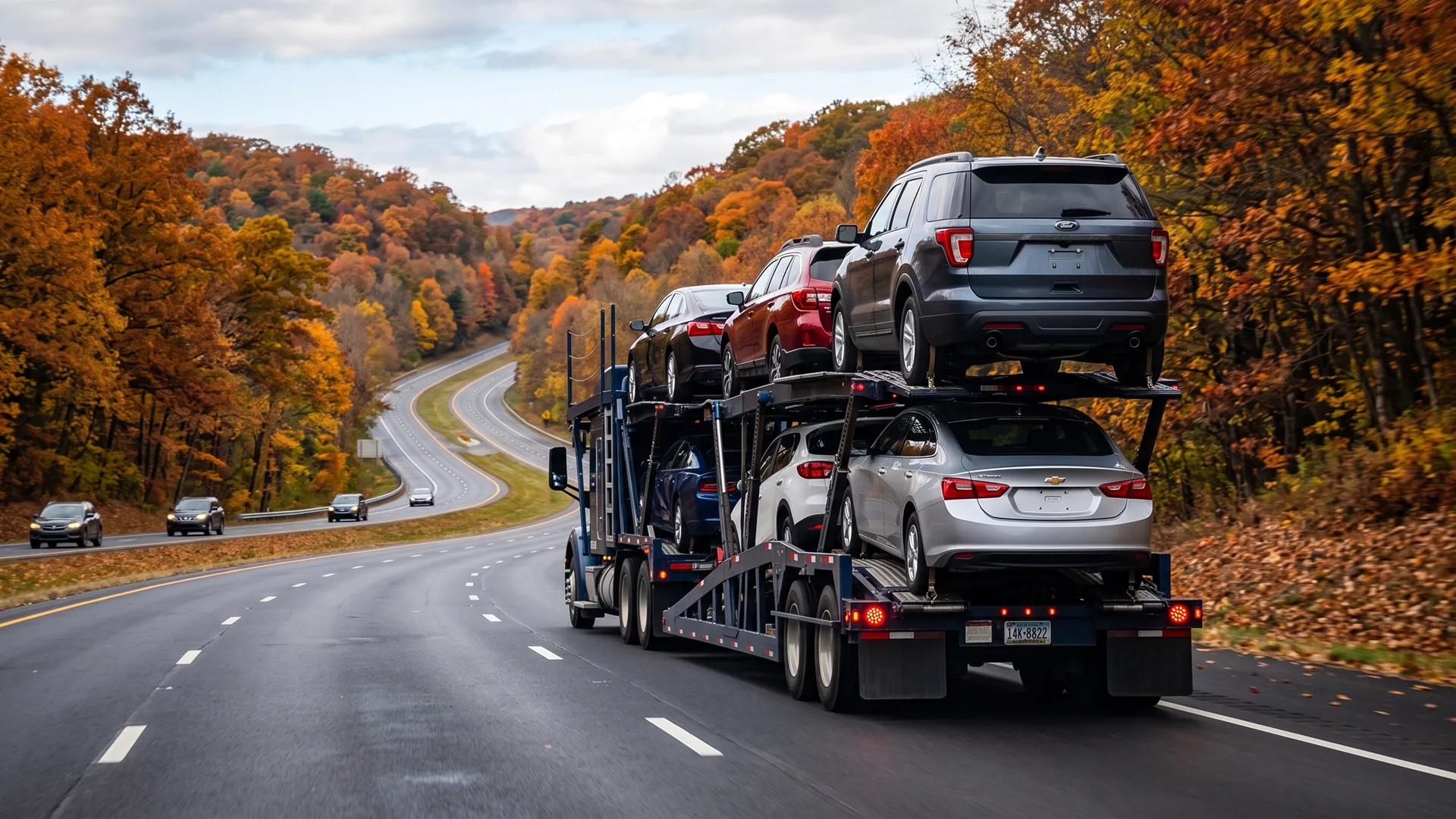 Open car carrier transporting vehicles on a highway surrounded by autumn foliage