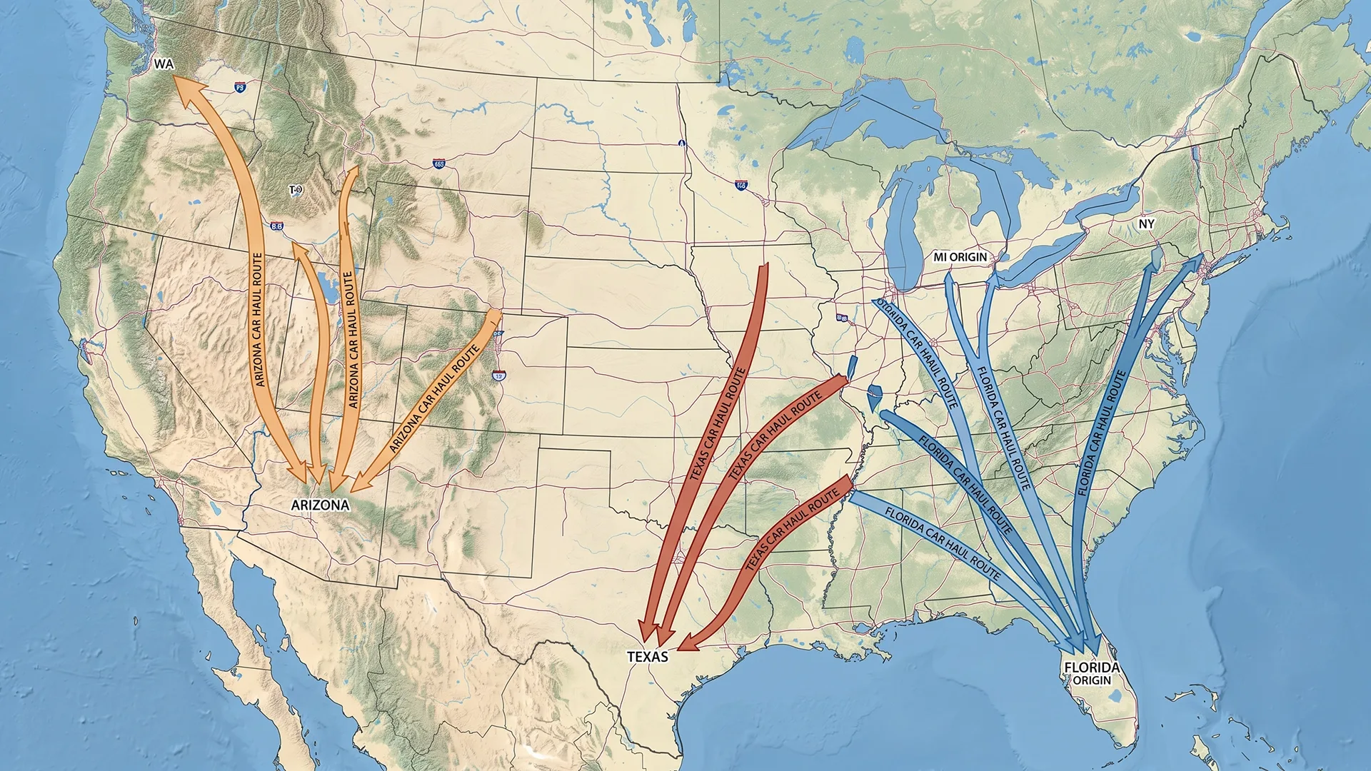 Map of seasonal snowbird car shipping routes to Florida, Arizona, and Texas