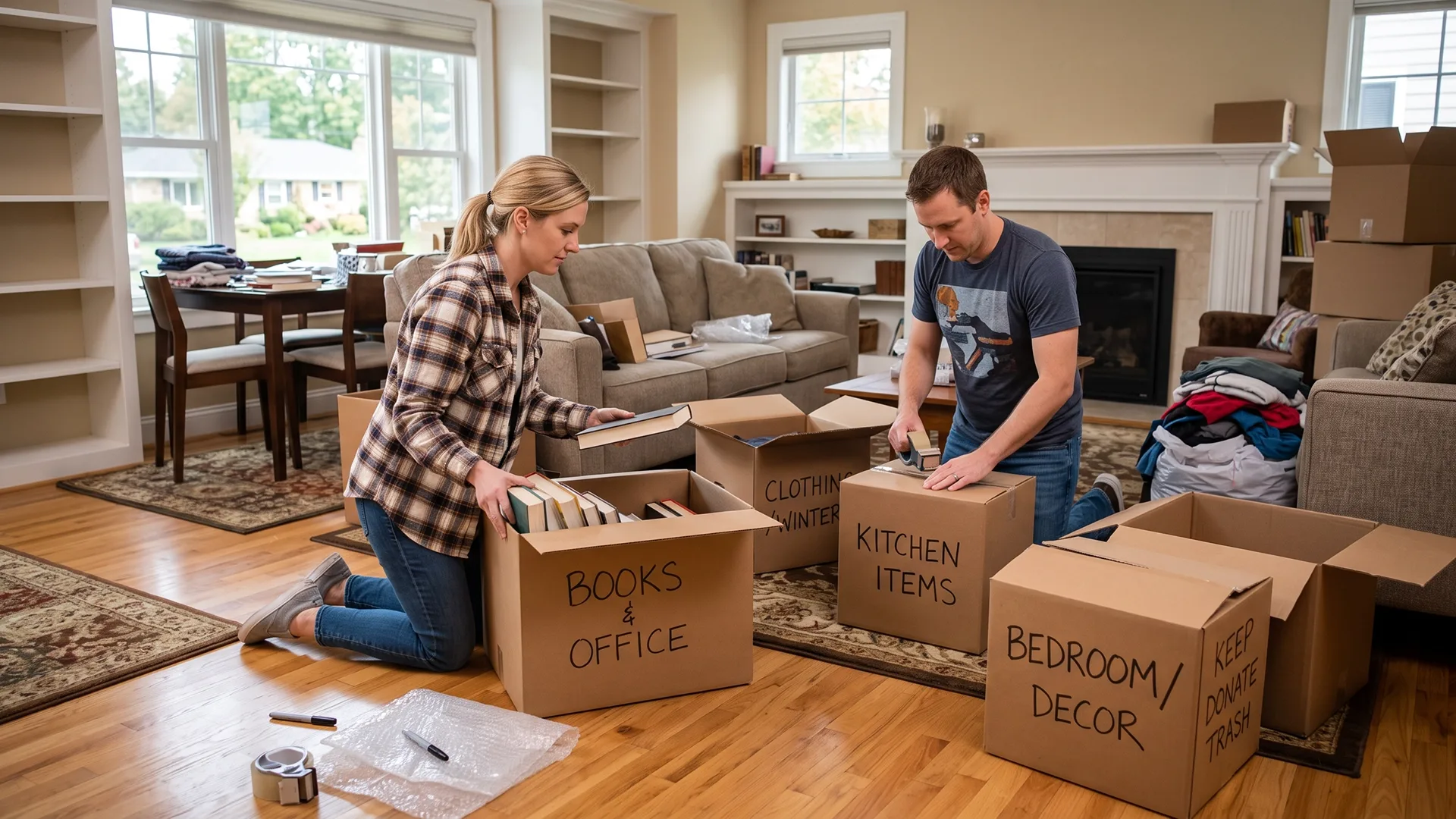 People sorting belongings into moving boxes before a move