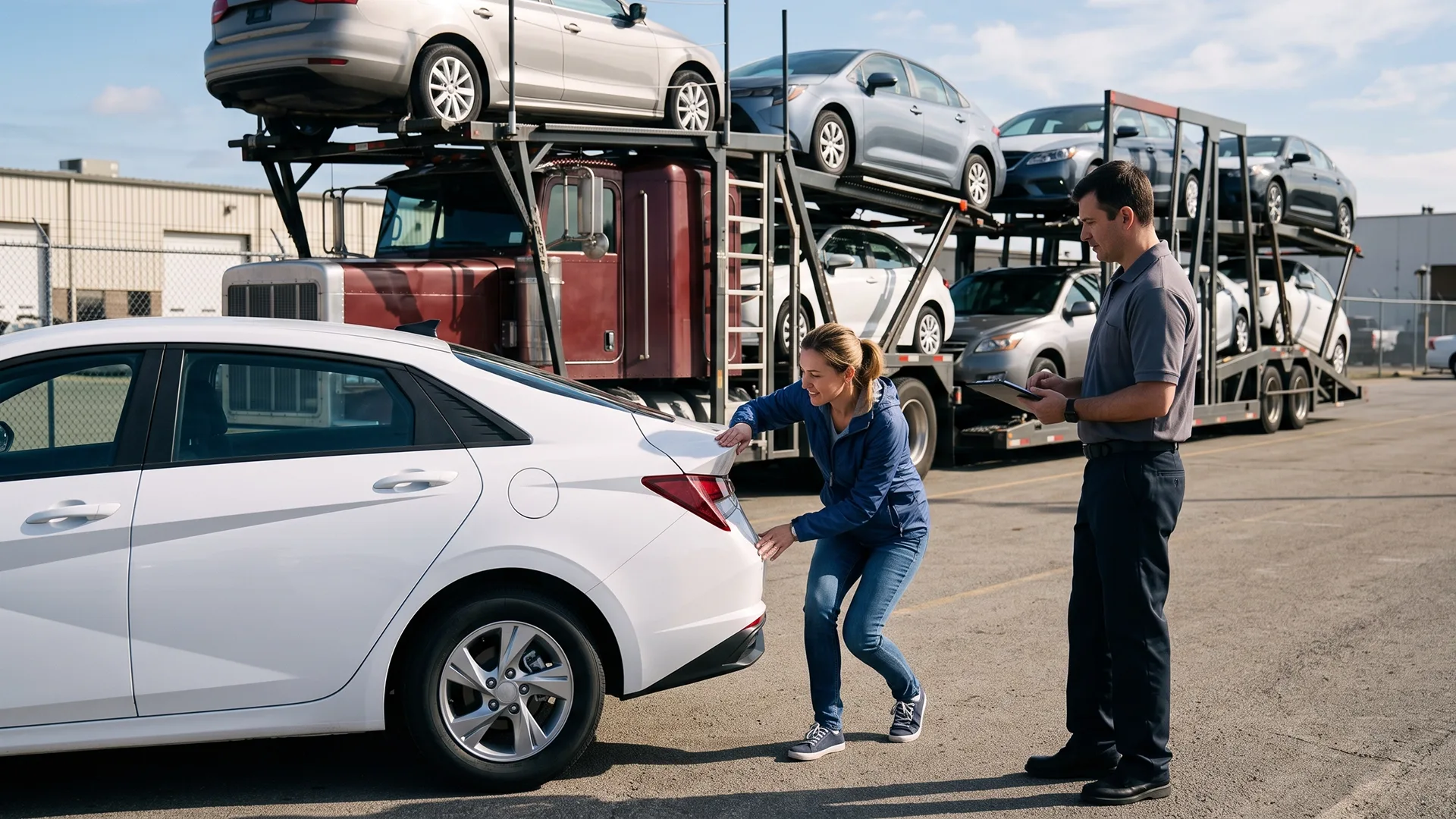 Buyer inspecting a car after delivery by auto transport carrier