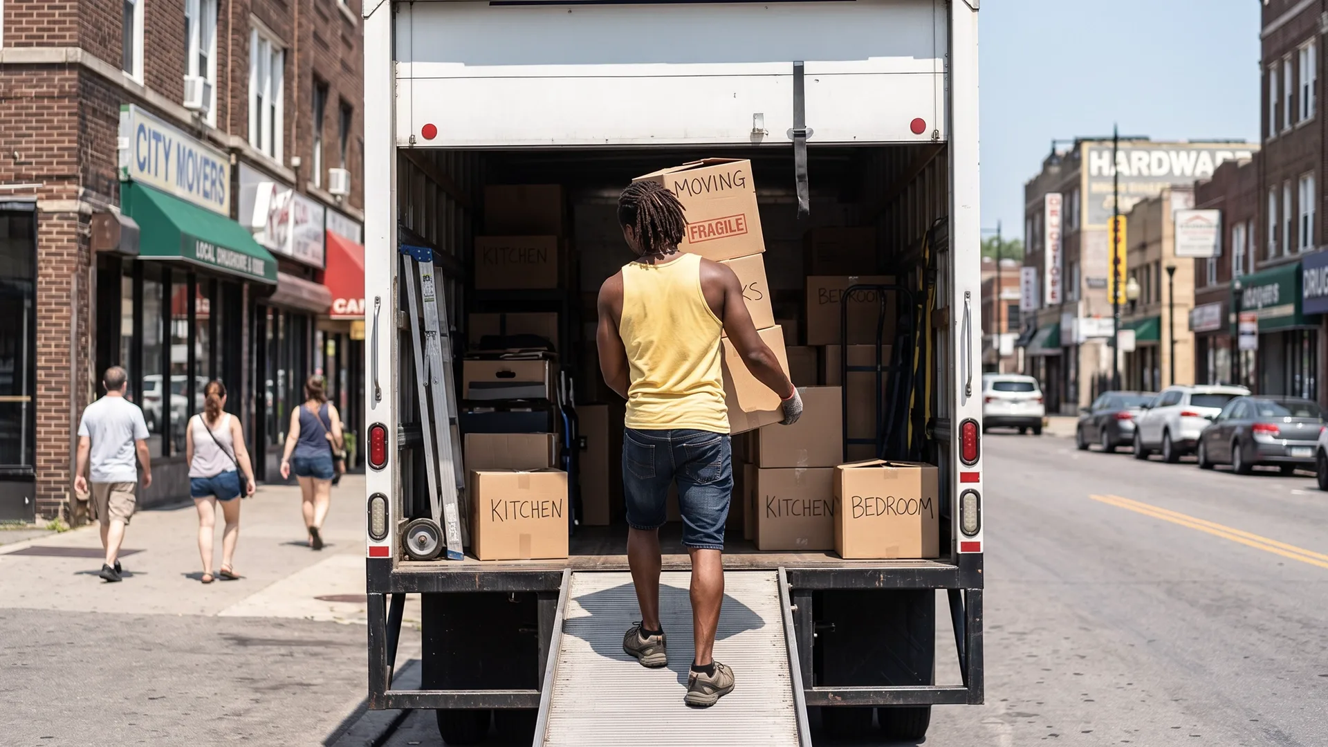 Loading boxes into a moving truck for a cross-country move