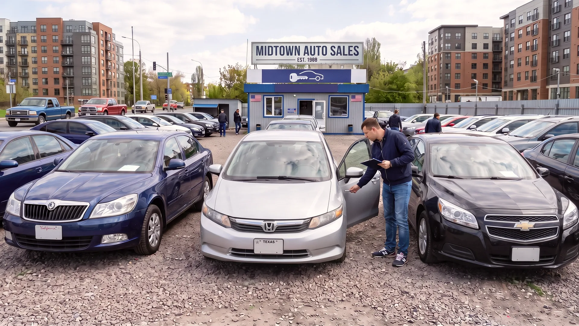 photo of used car dealership lot with customer inspecting vehicle