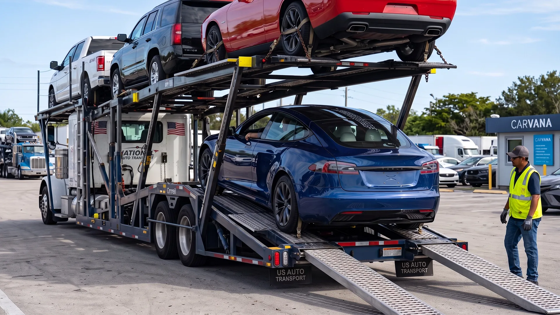 photo of car carrier loading vehicles at a Carvana location