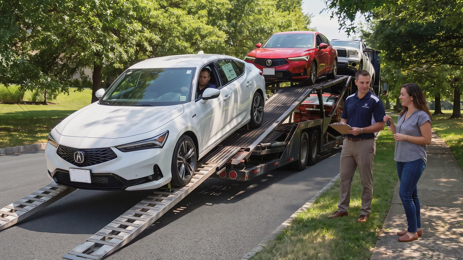 Car being delivered to a buyer by auto transport truck