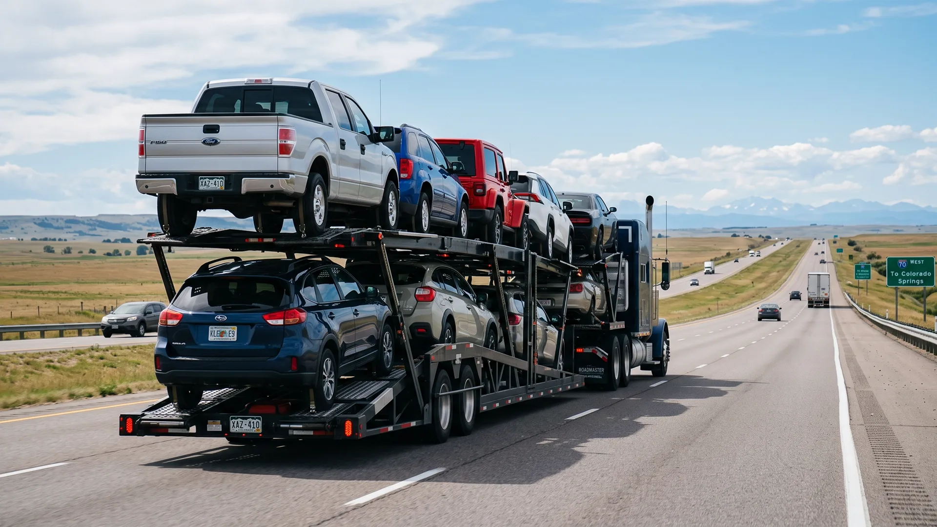 photo of open car carrier transporting multiple vehicles on the highway