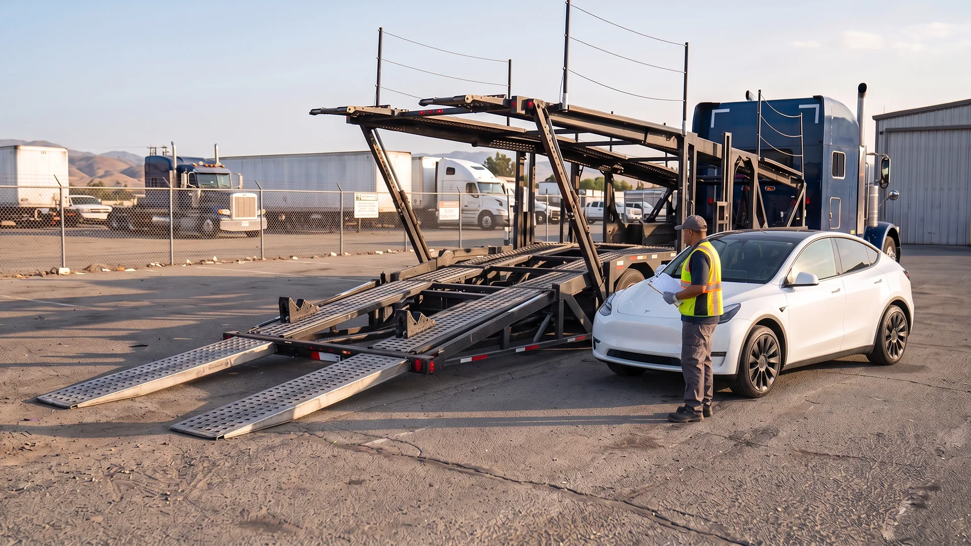 photo of auto transport driver inspecting a vehicle before loading it onto a car carrier