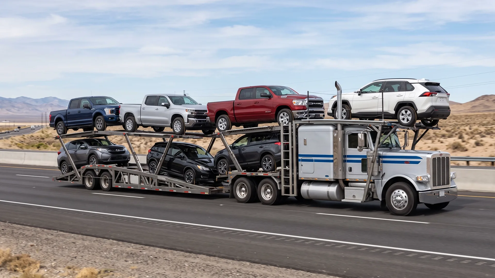 photo of open car carrier transporting multiple vehicles on a long-distance highway