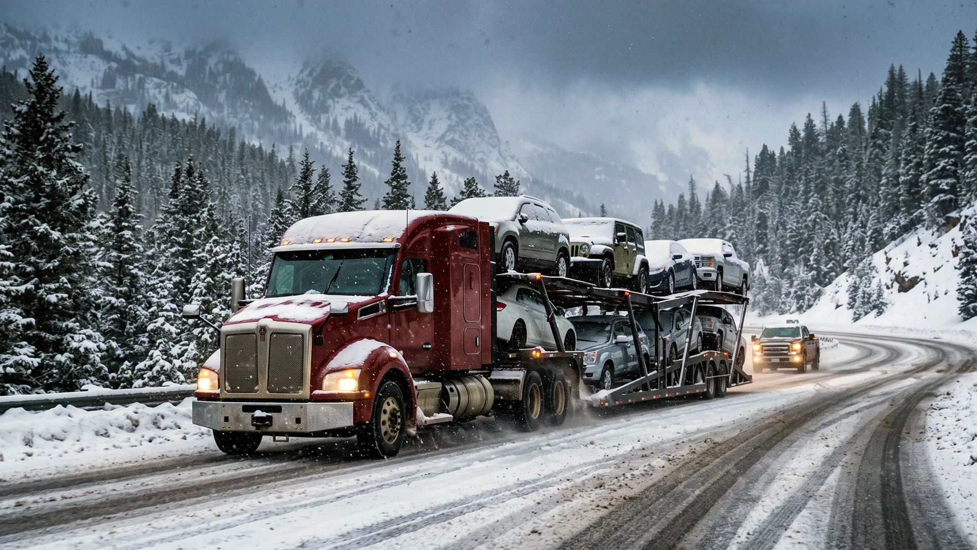 photo of car carrier transporting vehicles on a snowy mountain road
