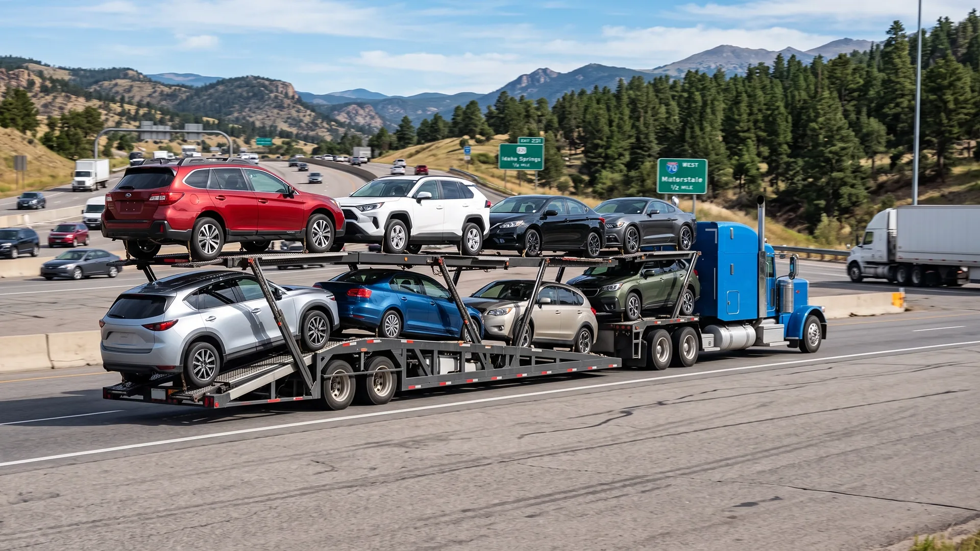 Open car carrier transporting multiple vehicles on an American highway