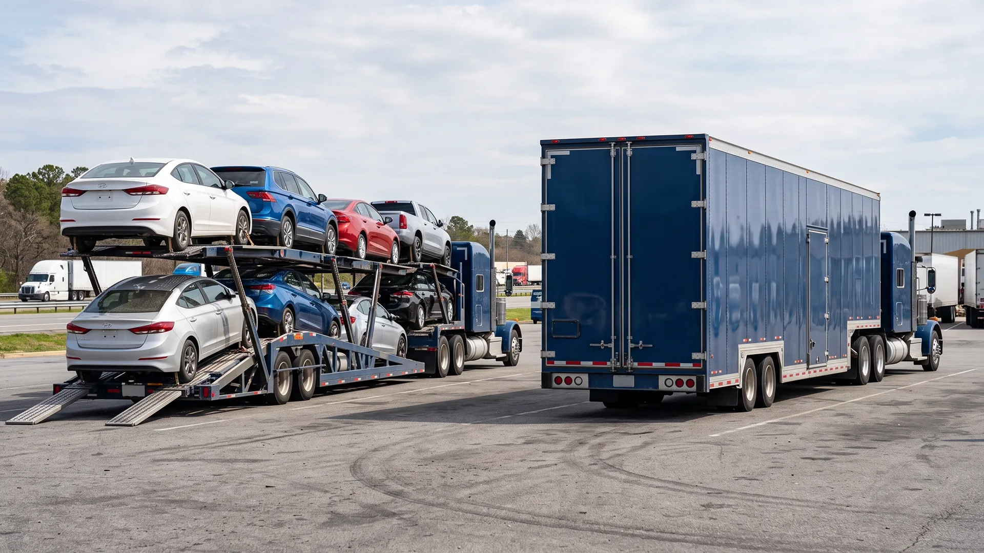Open car carrier and enclosed auto transport trailer parked side by side