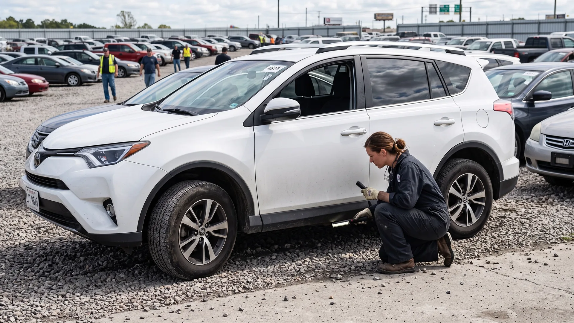Mobile mechanic inspecting a white SUV at a used car auction yard