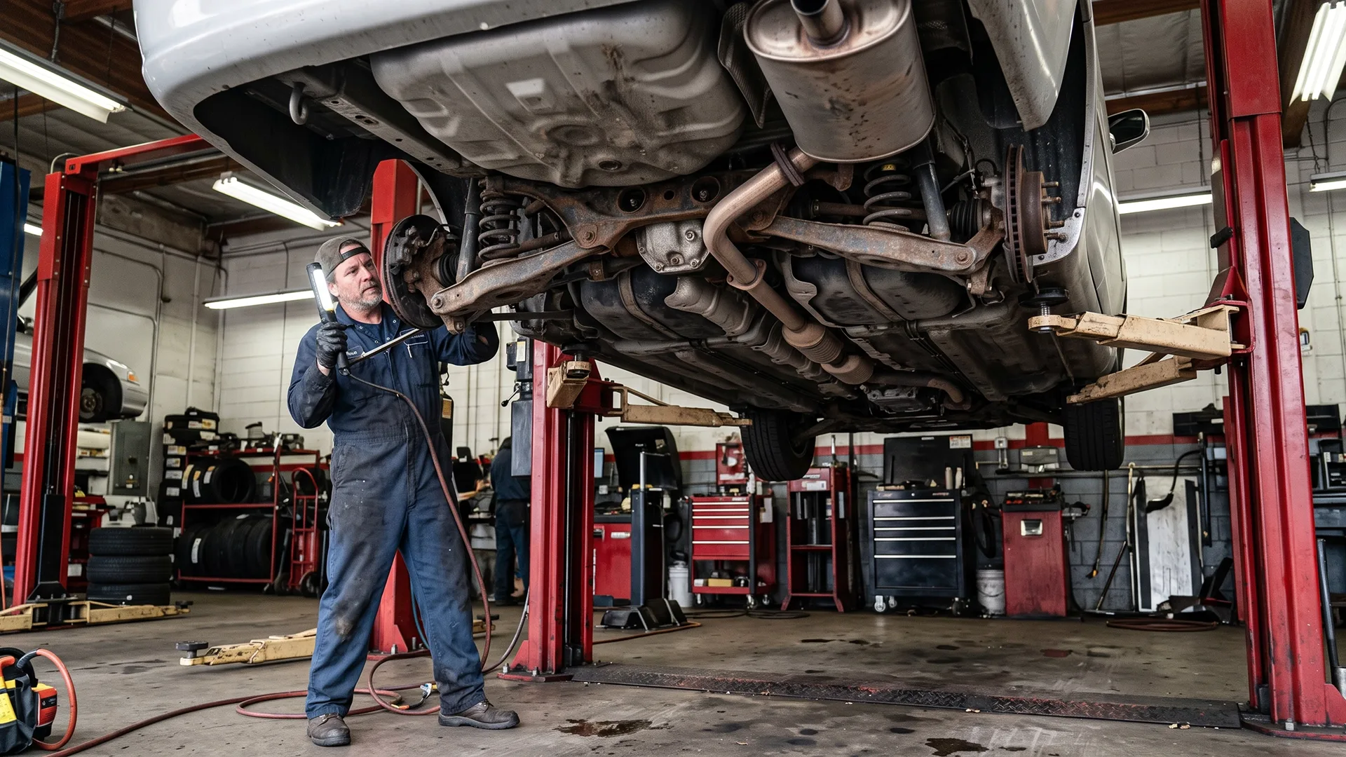 Mechanic inspecting the undercarriage of a vehicle on a hydraulic lift