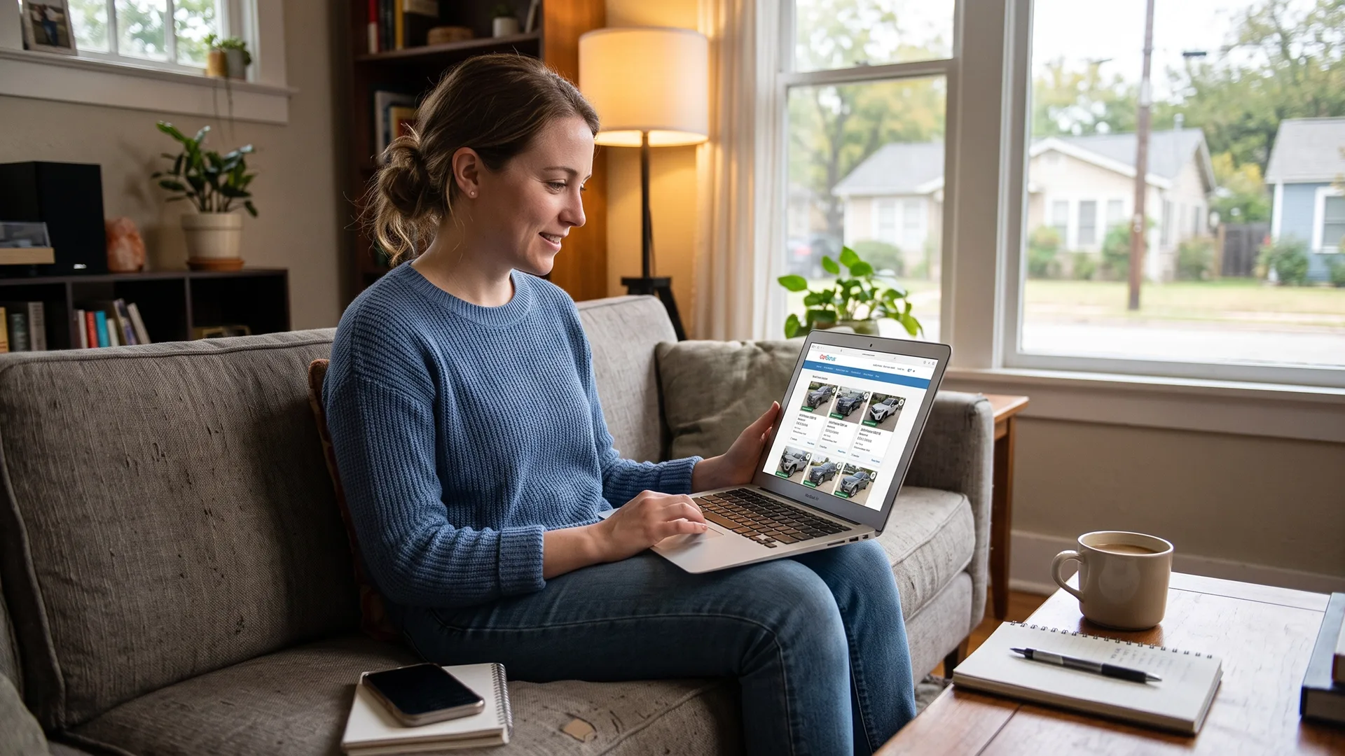 Woman browsing used cars for sale online using a laptop