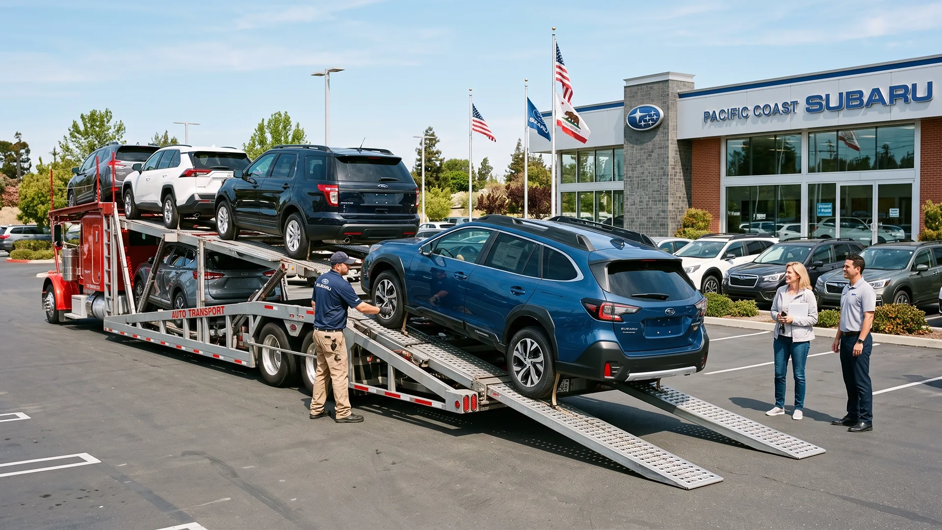 Subaru SUV being loaded onto an open car carrier outside a dealership