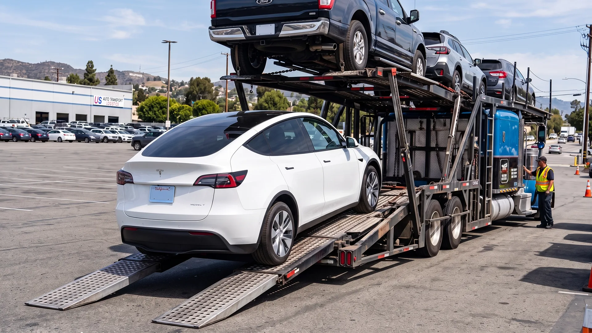 photo of Tesla electric vehicle being loaded onto an open car carrier