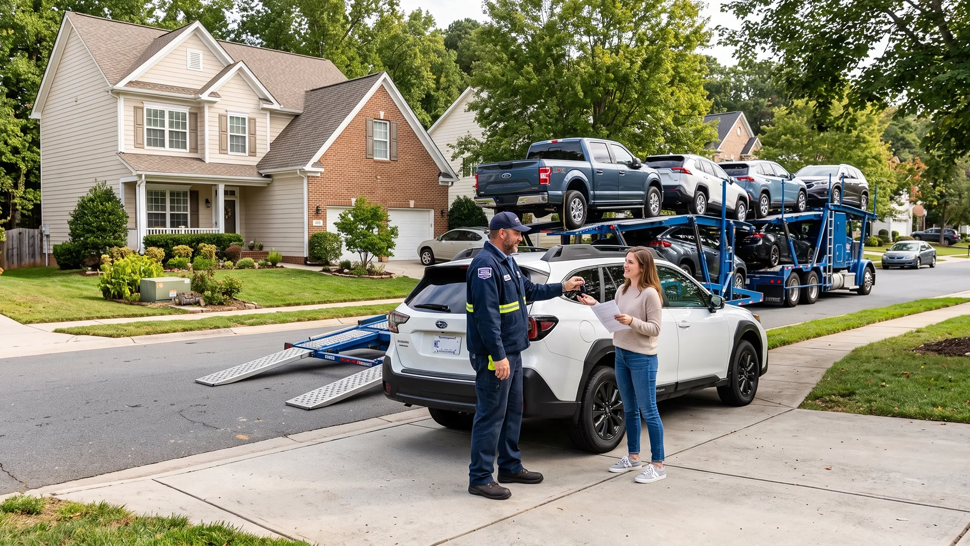 Auto transport driver delivering a vehicle to a customer at home
