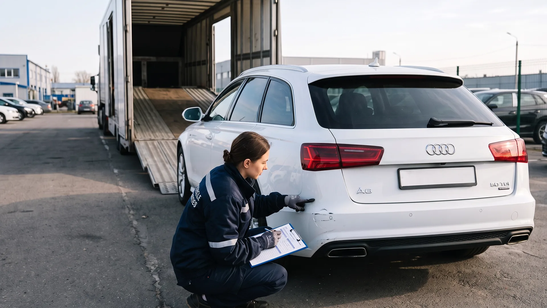Auto transport inspector documenting vehicle damage before filing an insurance claim