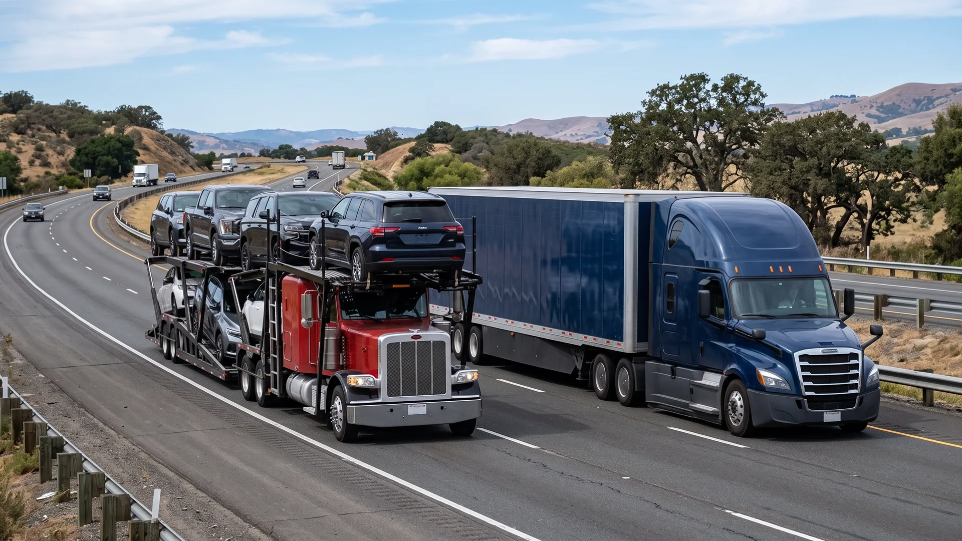 Open car carrier transporting vehicles alongside an enclosed transport truck on a highway