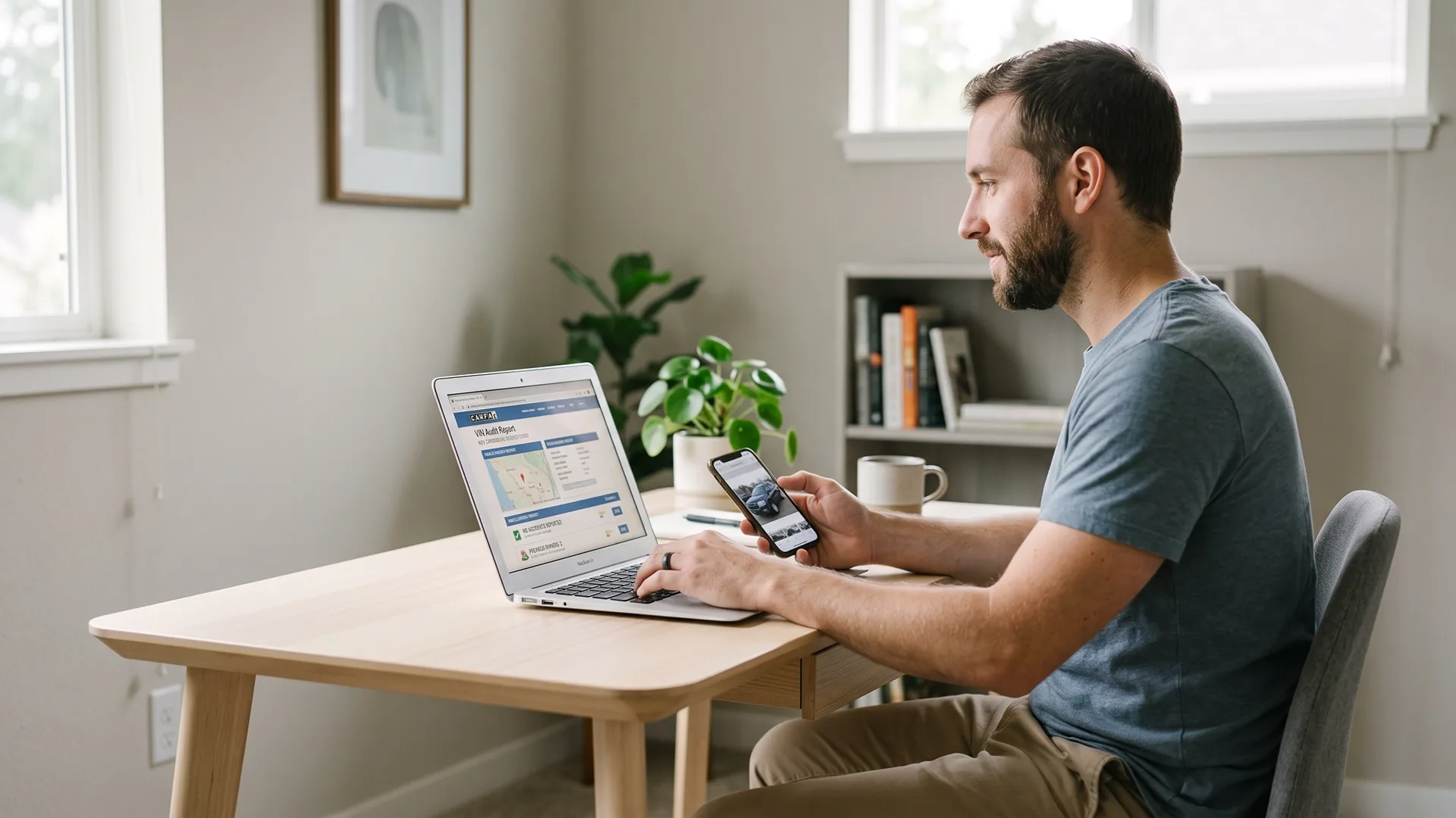 Car buyer checking a vehicle history report online before purchasing a used car