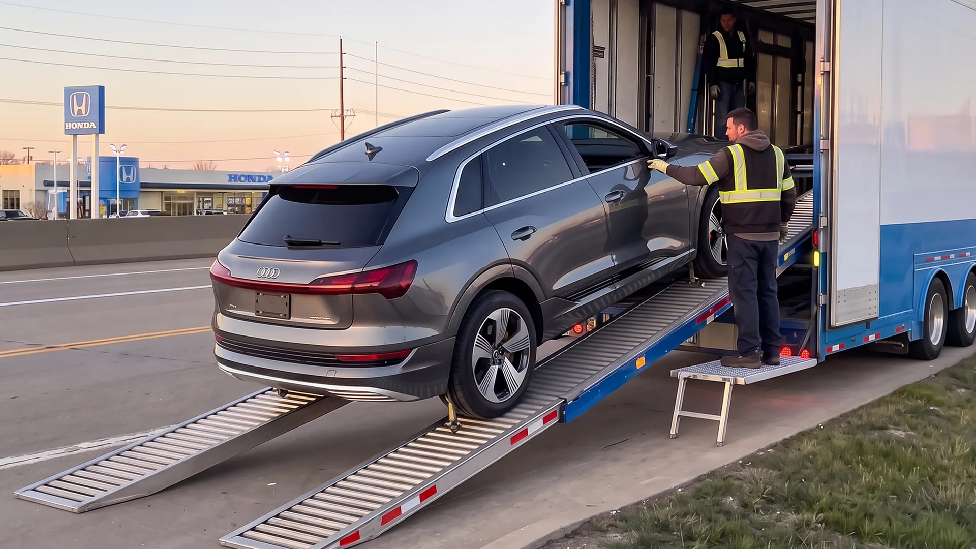photo of a vehicle being loaded into an enclosed auto transport trailer