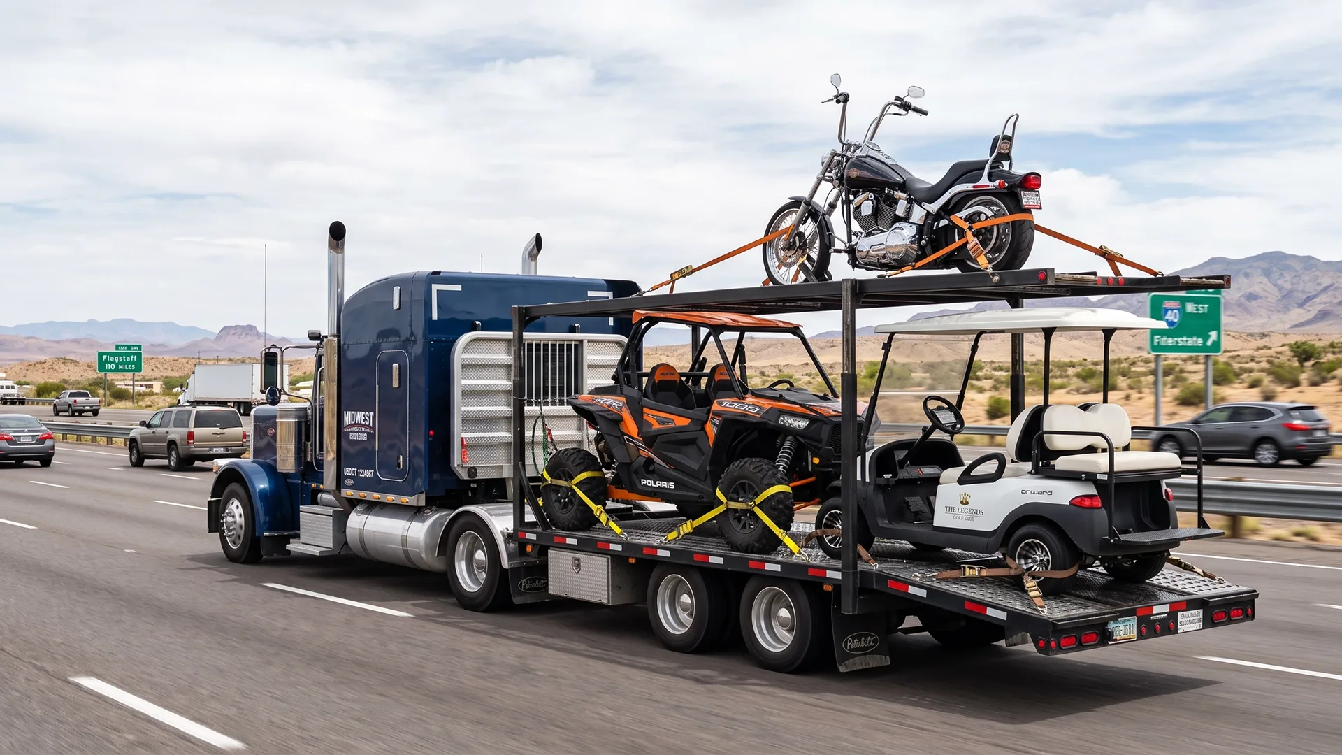 photo of a motorcycle and recreational vehicles on a transport truck