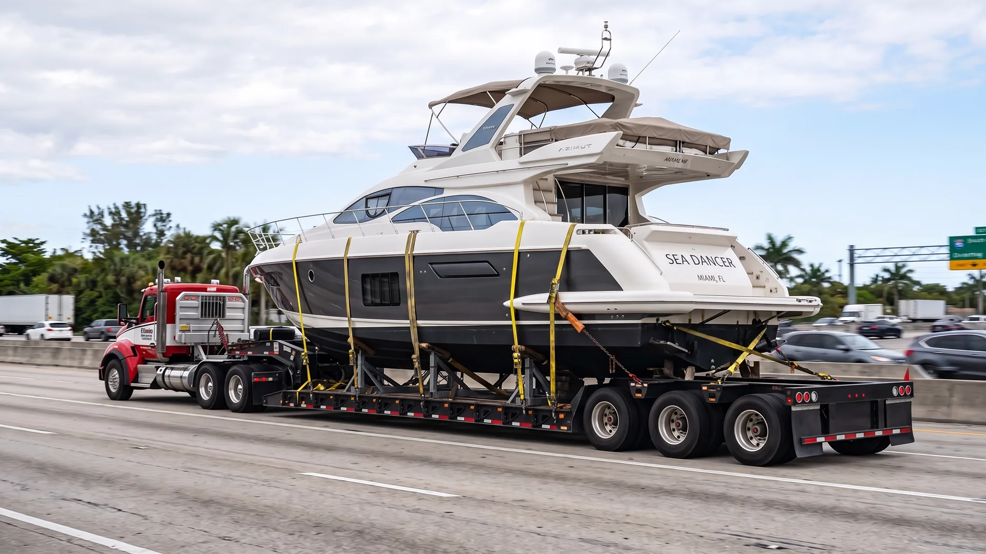 photo of a large boat being transported on a trailer
