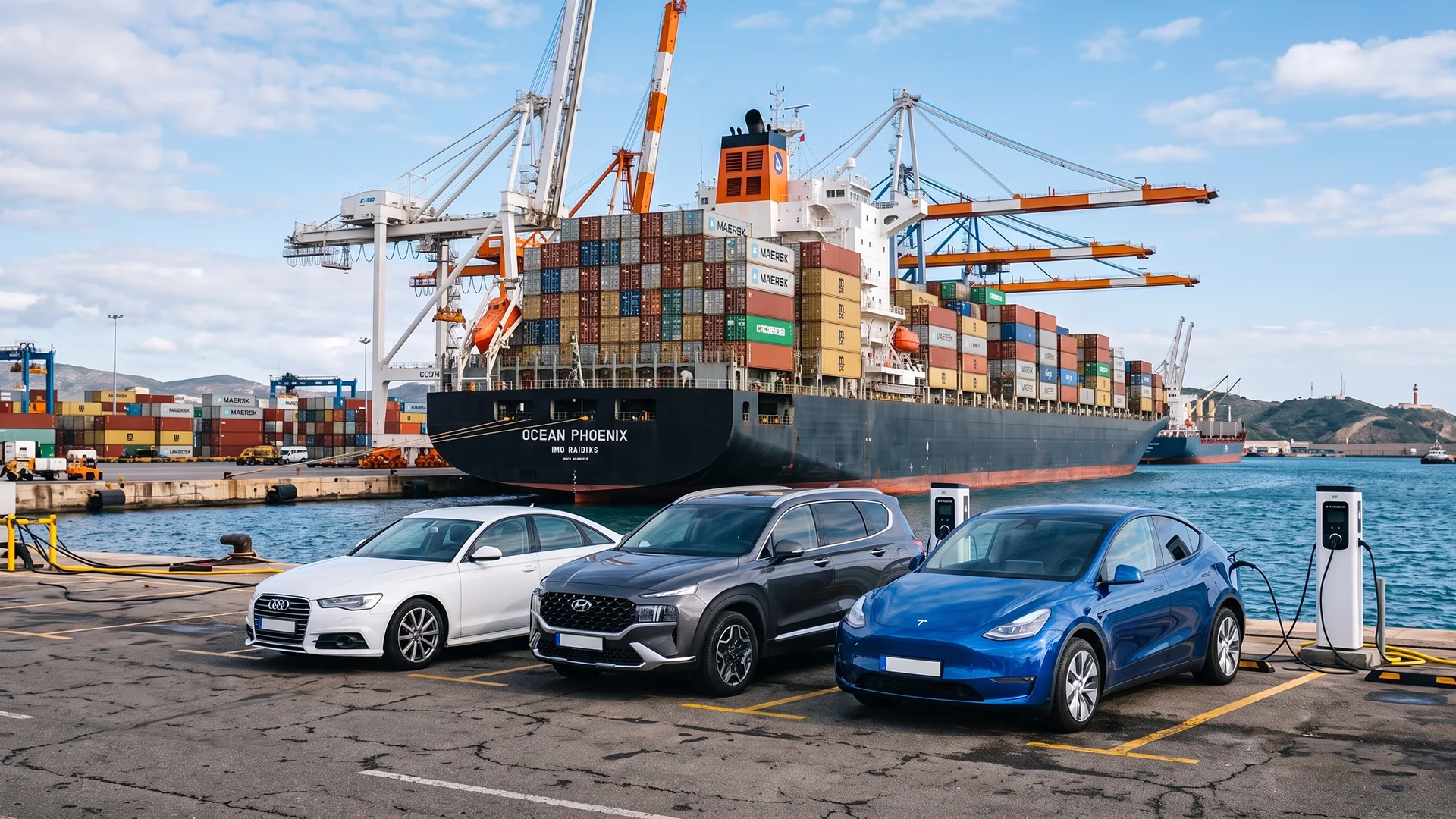 Passenger cars, SUV and electric vehicle at an international shipping port with a container ship