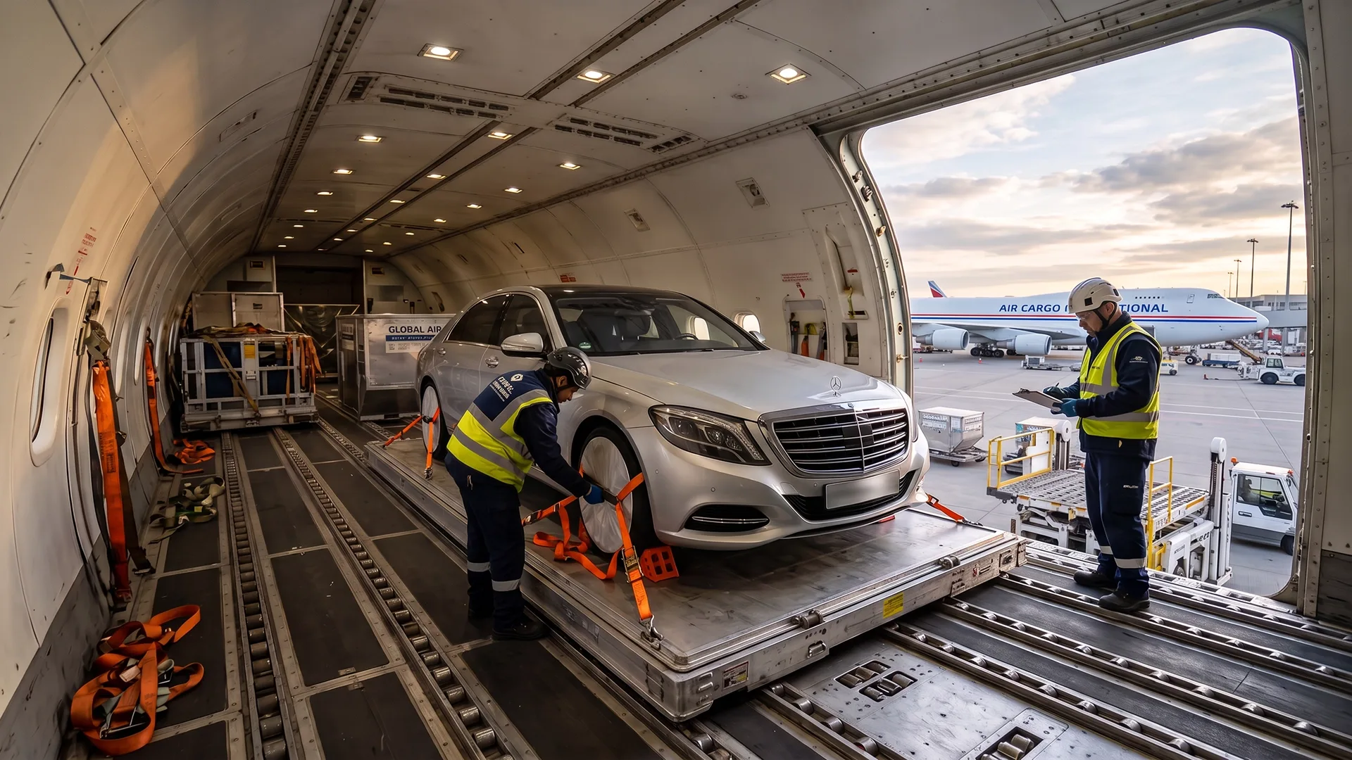 Cargo workers securing a luxury Mercedes-Benz inside an aircraft for international vehicle shipping