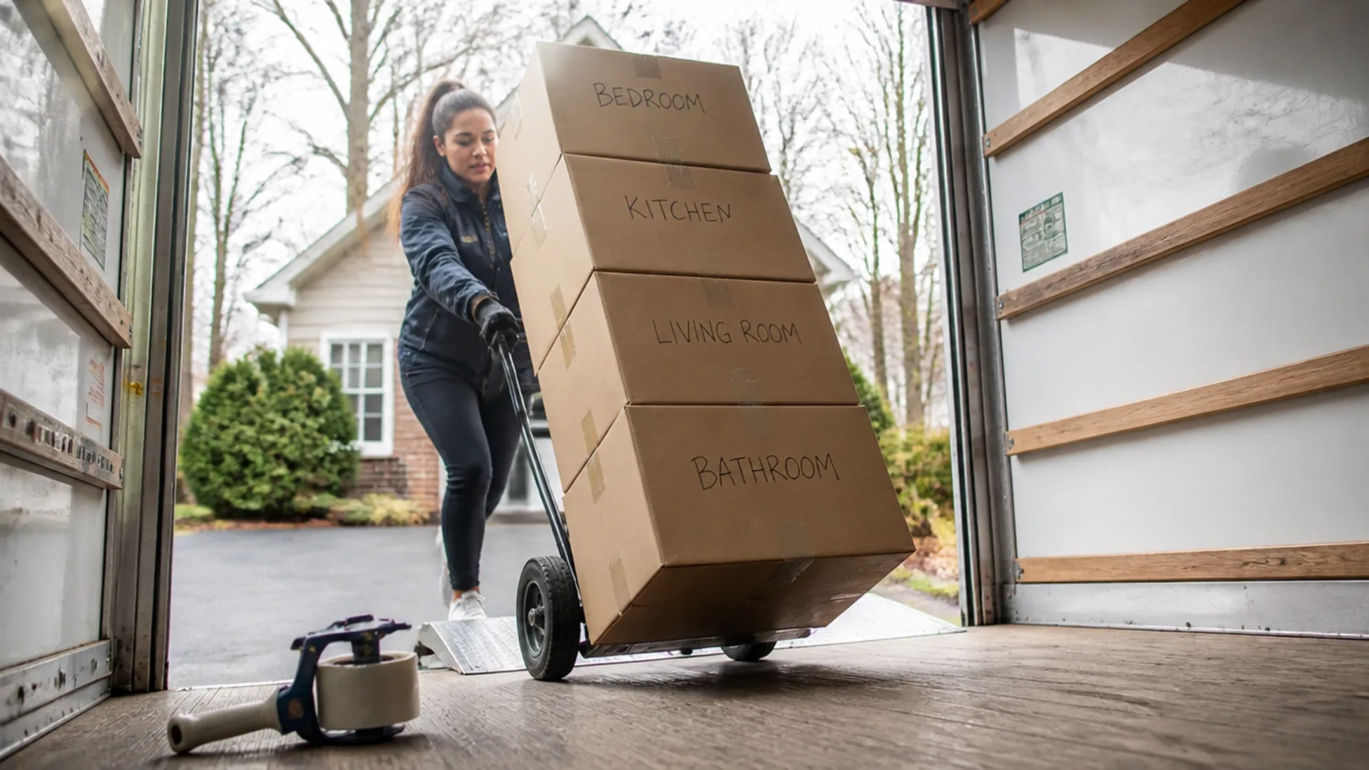 Woman moving boxes with a hand truck