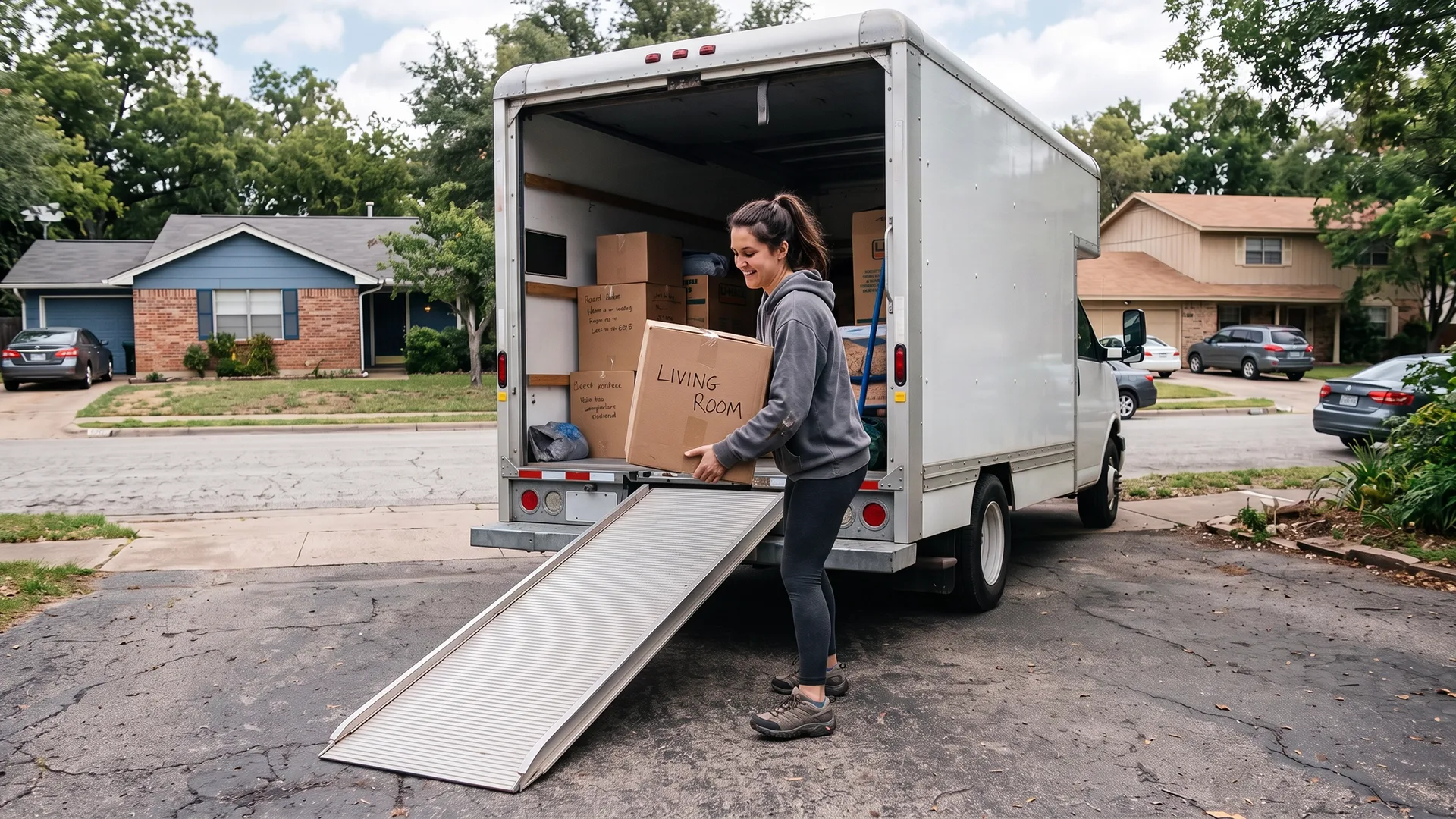 photo of a person loading boxes into a moving truck