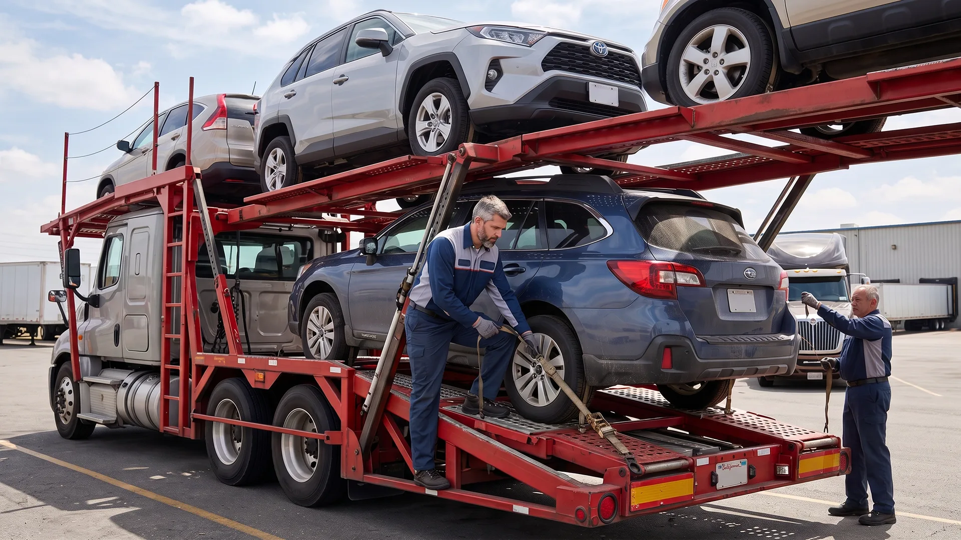 photo of drivers preparing vehicles for transport