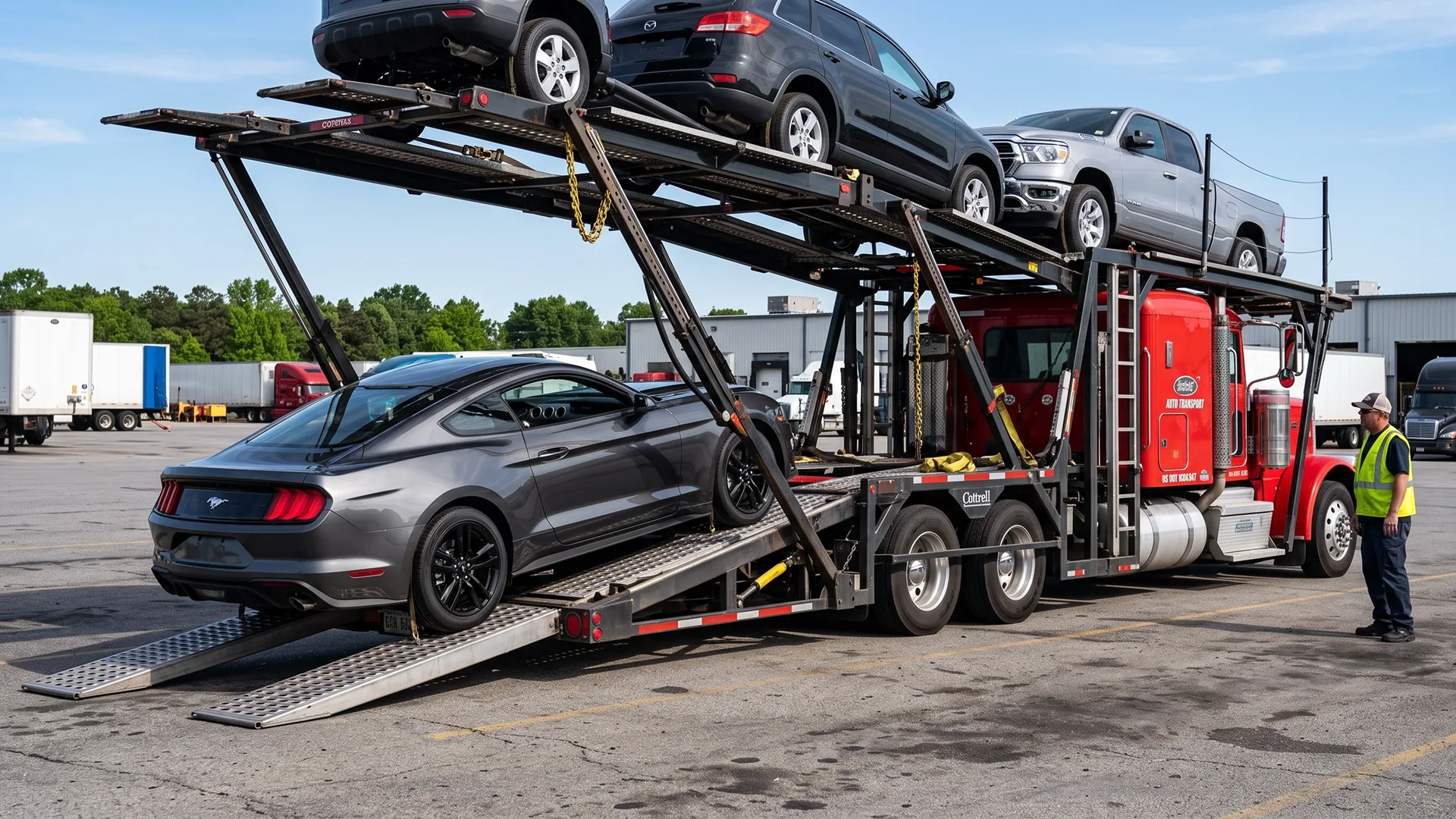 photo of a car being loaded onto an open auto transport carrier