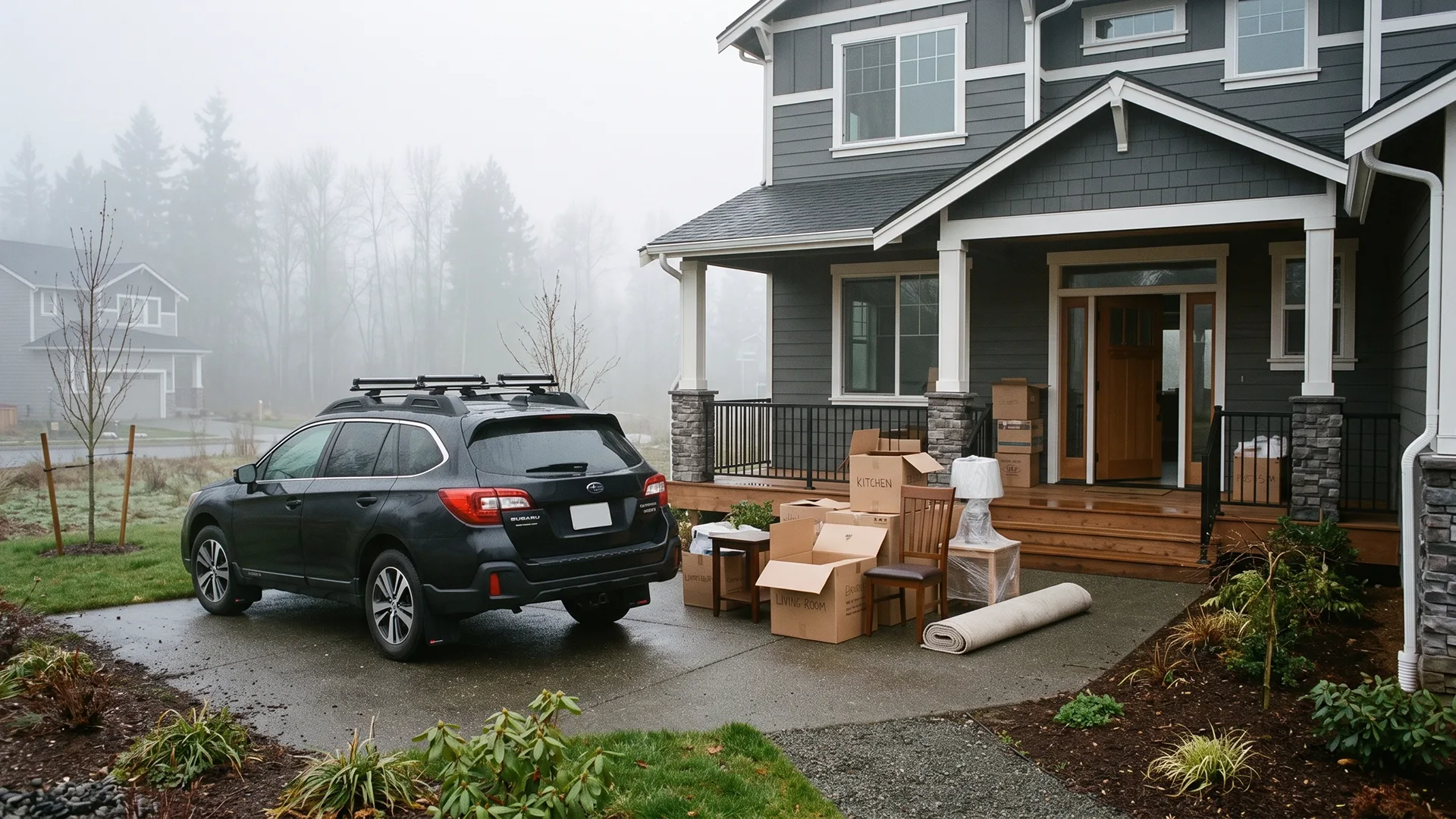 Car and moving boxes outside a new home after relocation