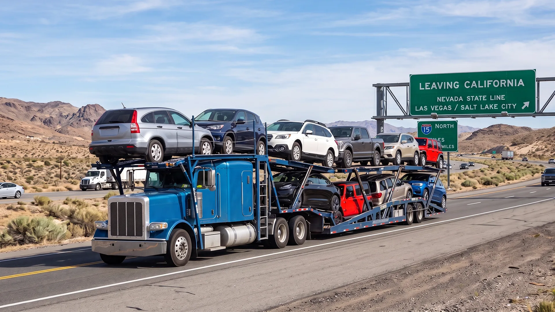 Car carrier transporting vehicles out of California