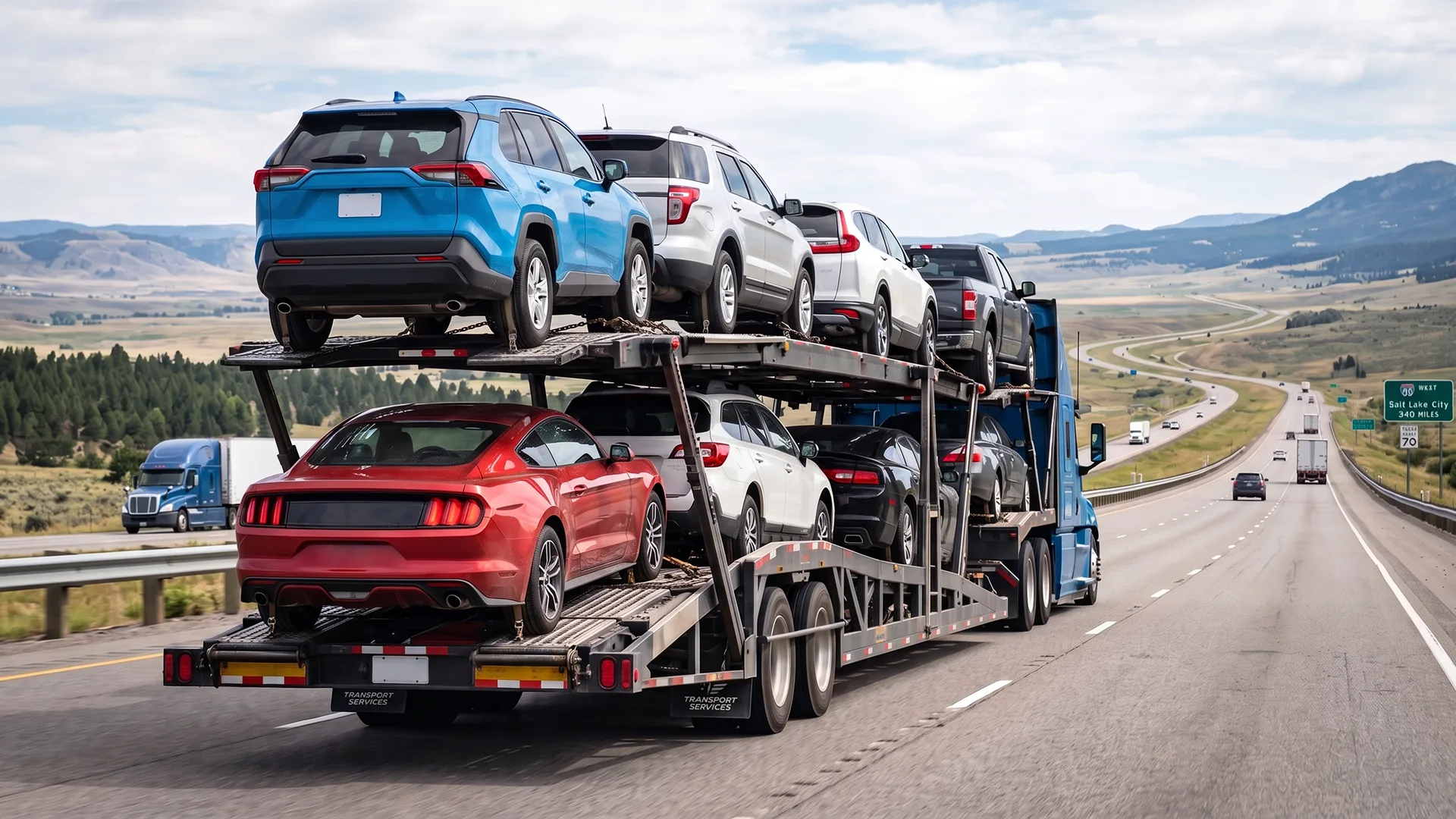 Open car carrier transporting vehicles from California