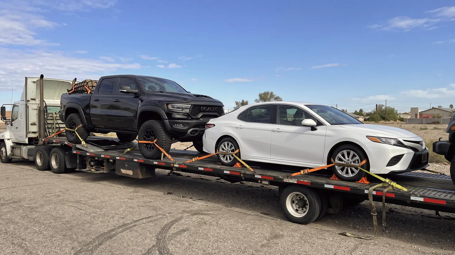 photo of a pickup truck and sedan loaded on a car carrier