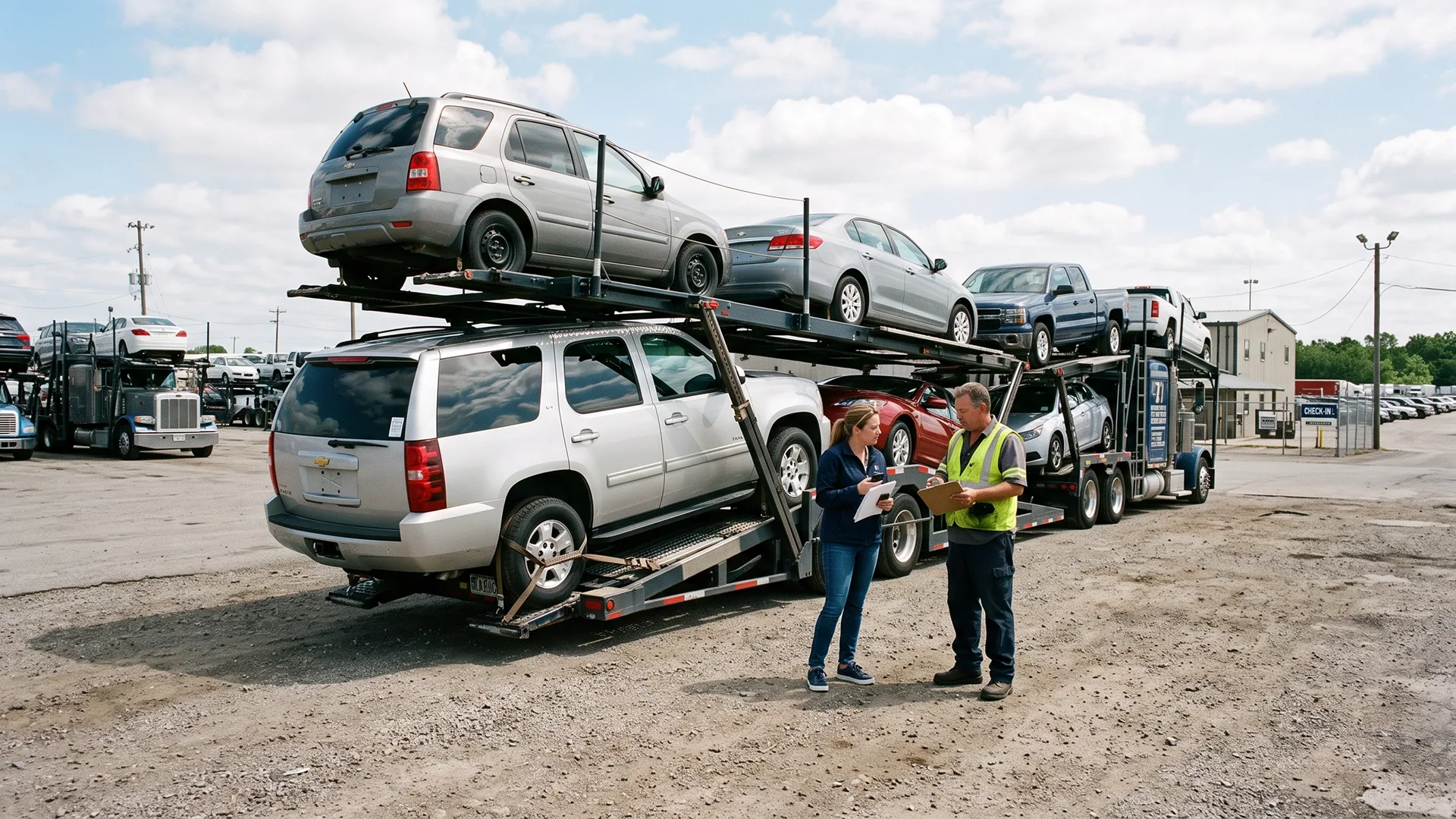 photo of car carrier loaded with vehicles