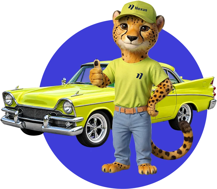 Nexie mascot in front of a classic car