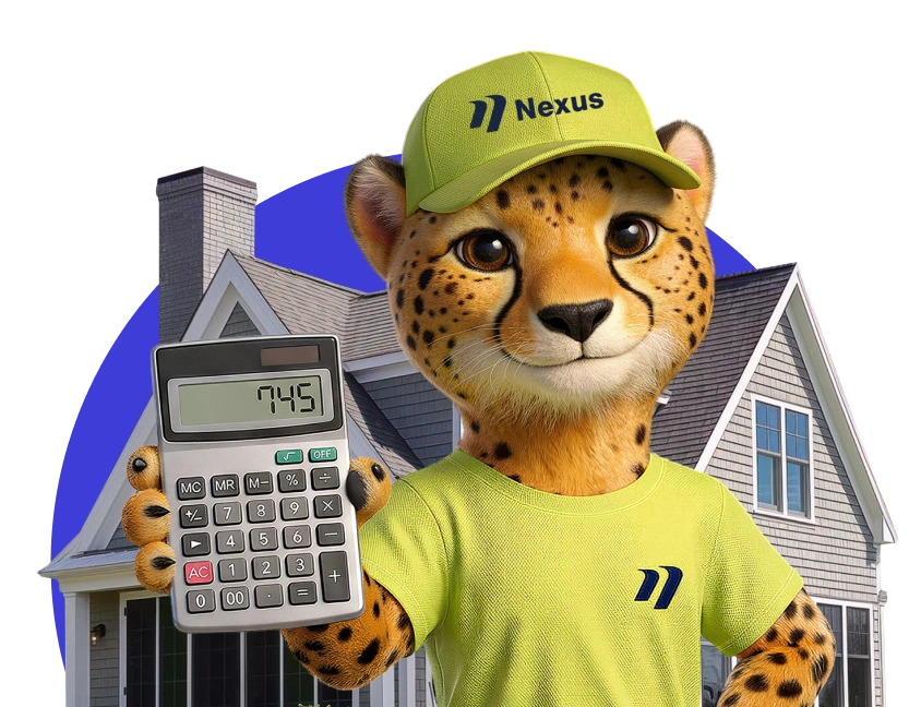 Nexie mascot holding a calculator in front of a house