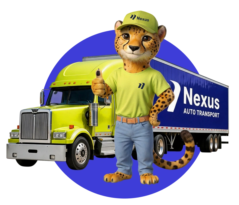 Nexie mascot in front of an enclosed car carrier