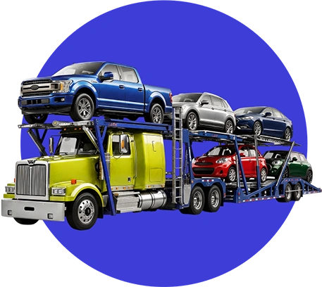 Open car carrier loaded with five vehicles