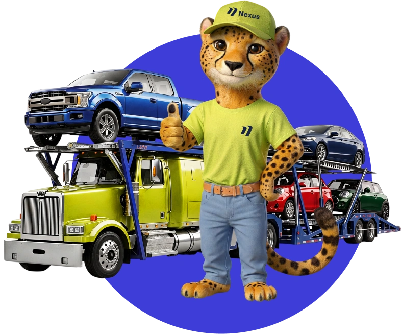 Nexie mascot in front of an open car carrier