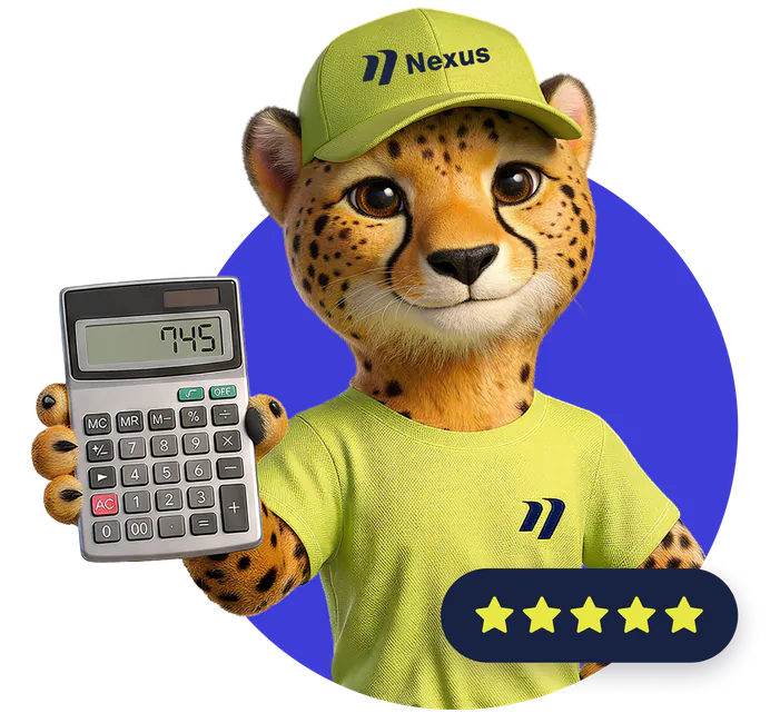 Nexie mascot holding a calculator, rated five stars