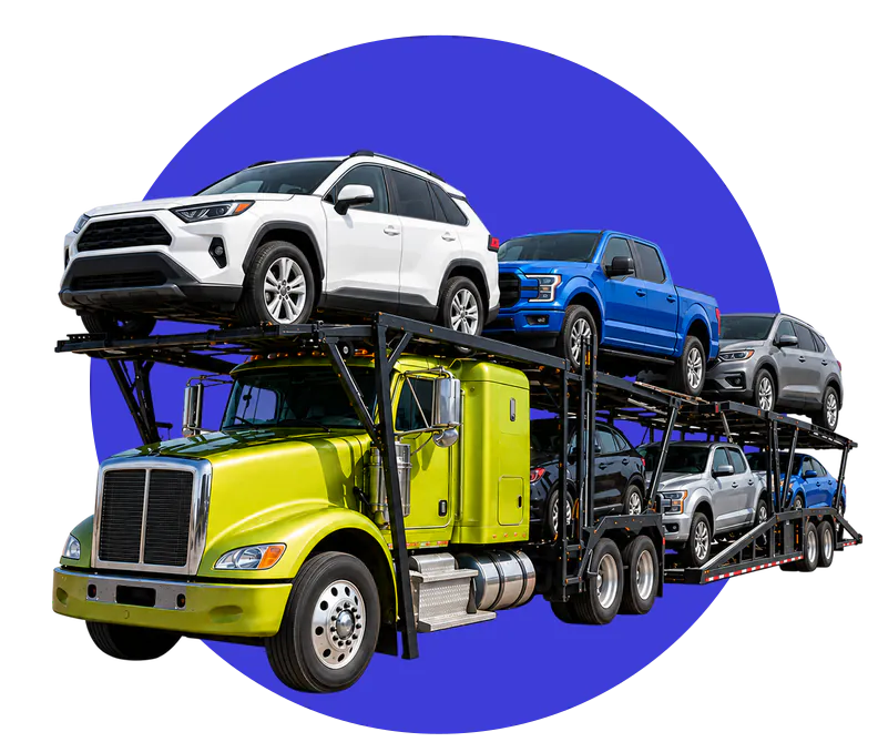 Car carrier hauling a Toyota RAV4, a Ford F-150 and other customer vehicles