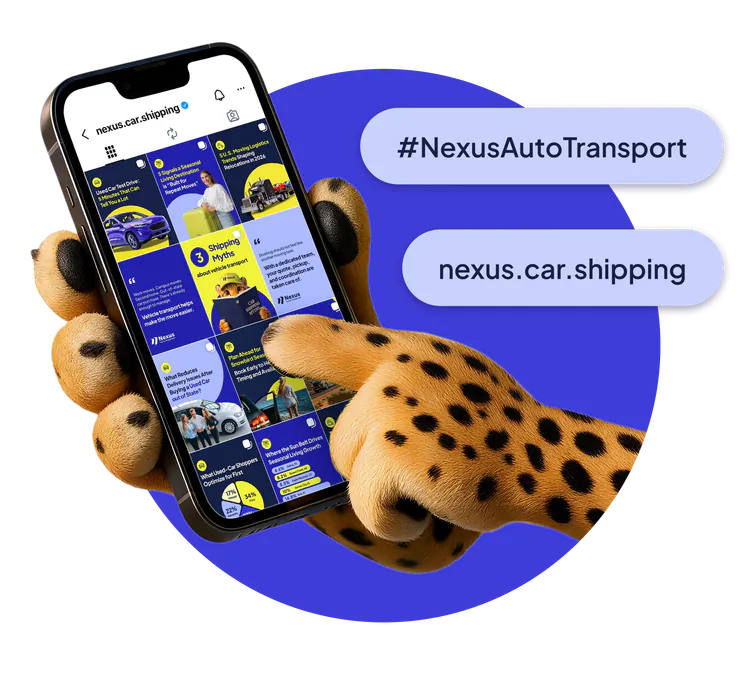 Nexie mascot holding a phone showing the Nexus Instagram feed, tagged #NexusAutoTransport and nexus.car.shipping