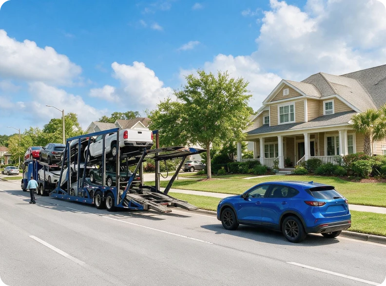 Car hauler collecting a vehicle from a suburban driveway