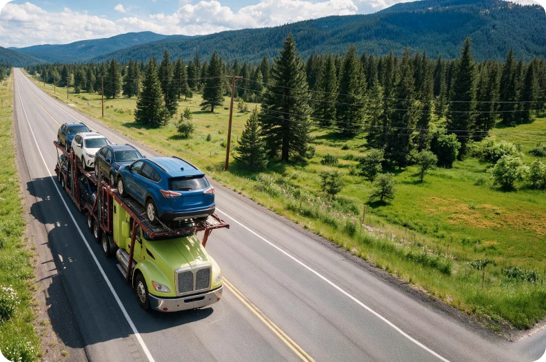 Car hauler carrying vehicles along a forested highway
